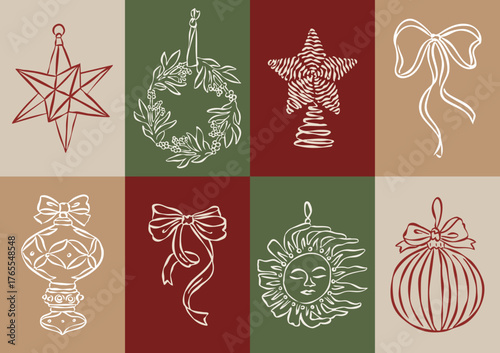 Christmas ornament doodles collection. Art for greeting cards, wedding invitations, poster design, postcards, branding, logo design, background.	