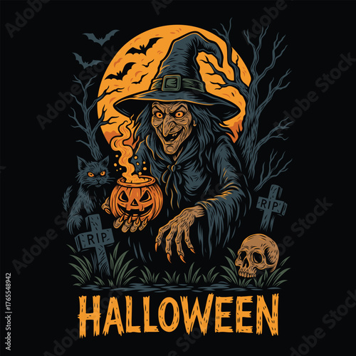 This spooky Halloween illustration features a wicked witch holding a glowing pumpkin cauldron, accompanied by a black cat under a full moon. Surrounded by tombstones, bats, and eerie trees