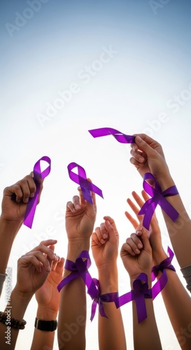 Empowering hands raised with purple ribbons for elimination of violence against women awareness