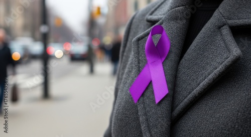 Purple ribbon symbolizing international day for elimination of violence against women in urban setting