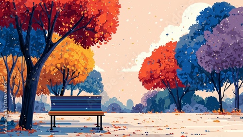 Bright Autumn Day Flat Design Vector Art of Park Scene with Trees, Bench, and Falling Leaves