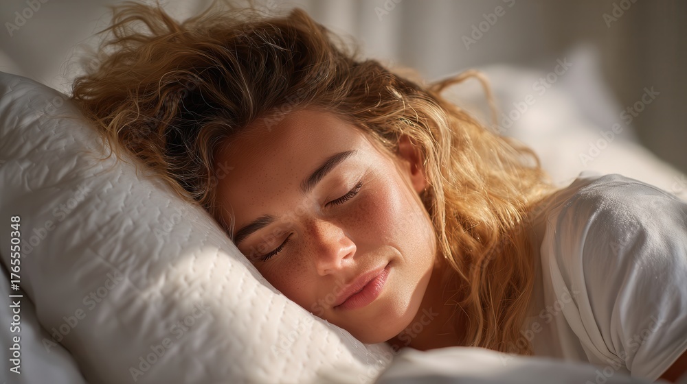 Fototapeta premium young woman sleeping peacefully on ergonomic orthopedic pillow