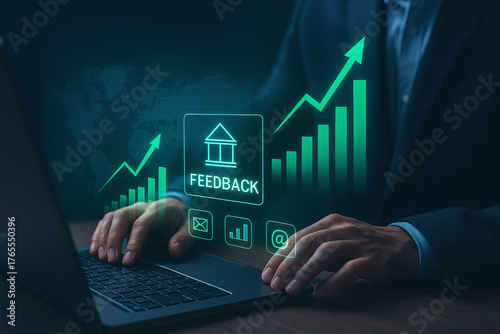 Business Growth and Feedback Loop with Digital Icons and Laptop