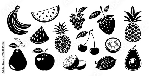 Black and White Fruit Icons – Minimal Flat Vector Illustrations