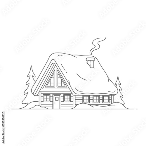 Cozy Winter Cabin Line Art Illustration.