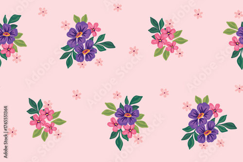 Seamless floral pattern, delicate botanical design of hand-drawn cute bouquets. Romantic liberty ditsy print of tiny pink, purple flowers, small leaves in pastel colors. Vector flower illustration