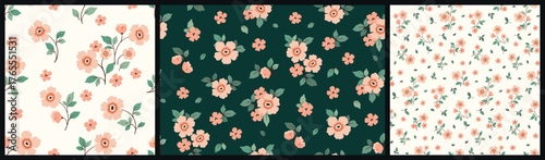 Seamless floral pattern, liberty ditsy print in a cottagecore motif. Romantic botanical design of delicate hand drawn plants, small flowers, tiny leaves, twigs in pastel colors. Vector illustration.