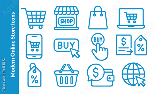 Online Shopping and Retail Thin Line Icons. Modern E-commerce Vector Set for Website UI, Payment, Shipping, and Global Business. 48x48 Pixel Perfect.