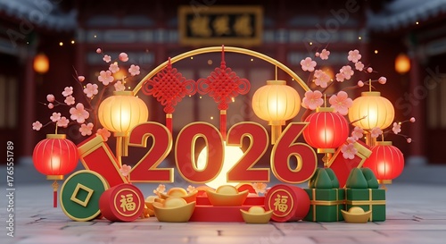 Decorative scene with the year 2026 lanterns cherry blossoms Chinese knots ingots coins and gift boxes in front of traditional Chinese architecture Chinese New Year traditional architecture