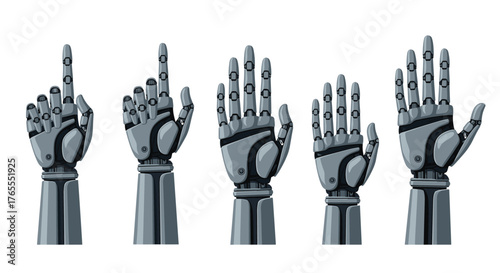 Robotic hands displaying different finger counts for digital technology.