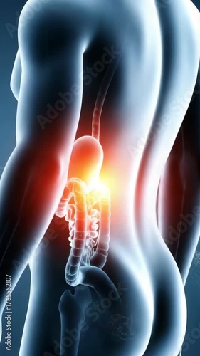 Anatomical visualization of the human digestive system with inflammation, ideal for medical presentations and health education