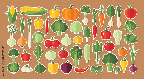 Colorful vegetable stickers collection on brown background for healthy eating.