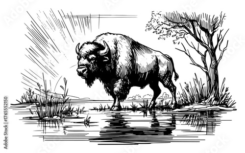 Bison standing by forest pond vintage wildlife engraving illustration with dramatic sun rays