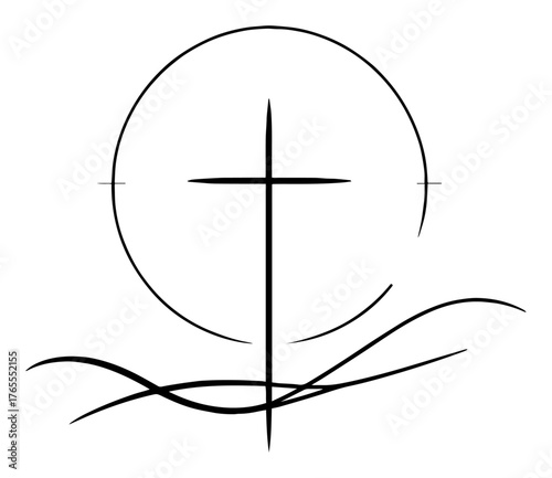 Minimalist Christian cross rising over water waves inside circular sun symbol