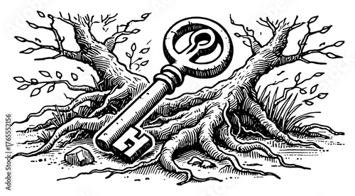 Obraz na plátně Ancient skeleton key tangled in tree roots concept vintage engraving line art