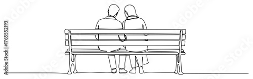 Couple on park bench minimalist continuous line art illustration of two people relaxing together