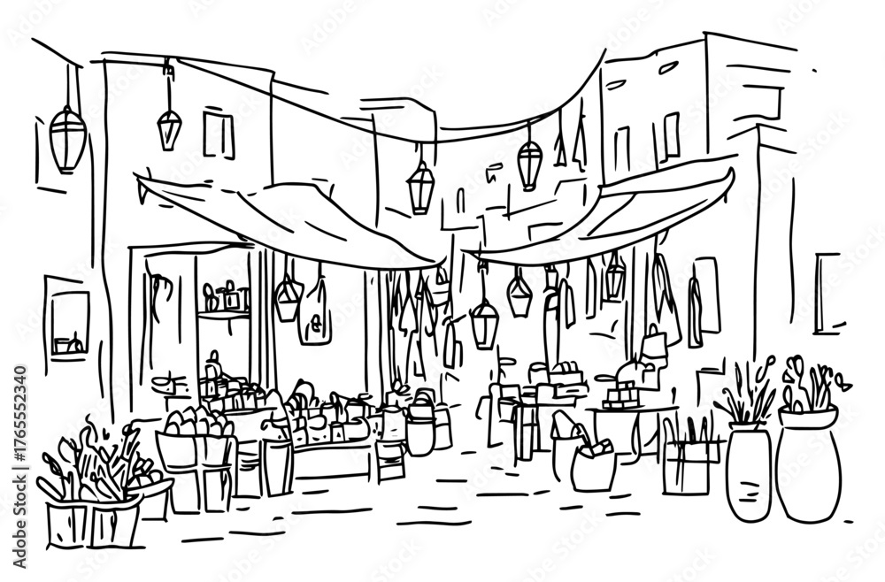 Obraz premium Mediterranean old town street market with potted flowers and cafe awnings hand-drawn sketch vector illustration