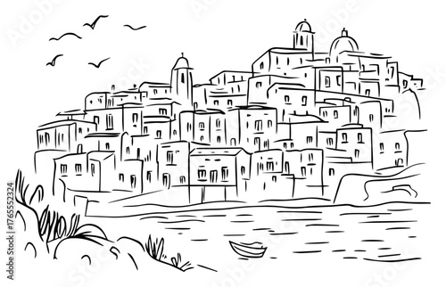 Fototapeta Mediterranean coastal hillside village of white houses overlooking sea hand-draw