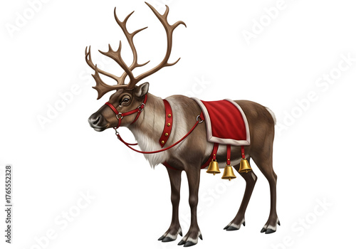 Majestic reindeer wearing festive christmas harness and bells isolated on transparent background