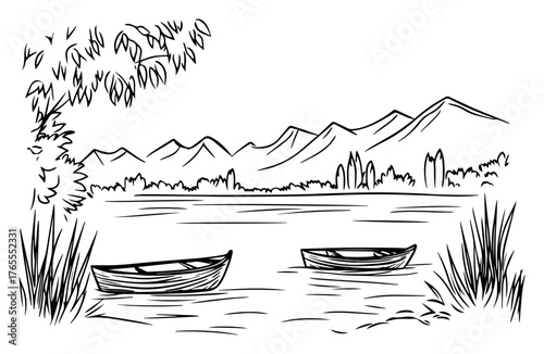 Mountain lake scenery with two wooden rowboats and distant alpine peaks hand-drawn vintage engraving vector illustration