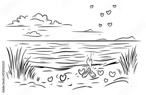 Romantic lakeside campfire scene with hearts and reeds hand-drawn sketch vector illustration