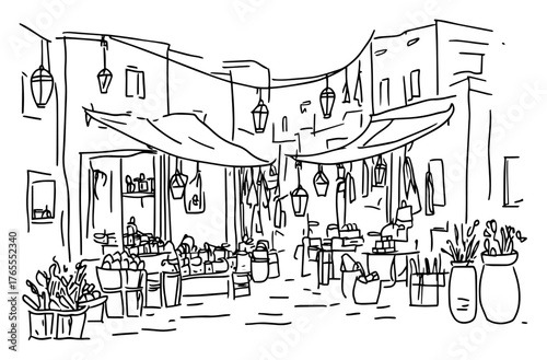 Mediterranean old town street market with potted flowers and cafe awnings hand-drawn sketch vector illustration