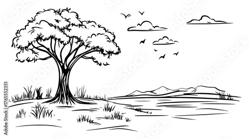 Lonely tree overlooking riverside plain and distant mountains hand-drawn landscape vector sketch illustration