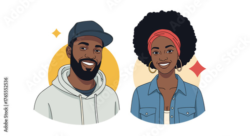 Smiling Black Couple Portrait Illustration with Artistic Style.