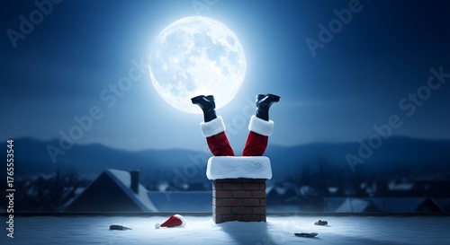 Santa claus stuck in chimney under full moon holiday scene