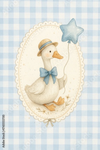 Star Balloon Duck in Scalloped Frame – Pastel Blue Gingham Illustration