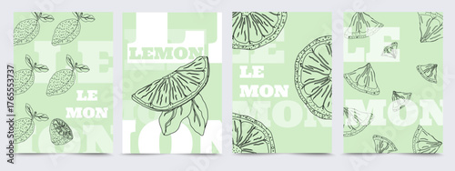 Collection of abstract lemon print. Contemporary poster with hand drawn lemon, sliced lemon and leaves. Trendy design for wallpaper, poster, wall decor, postcard, cover, print. 