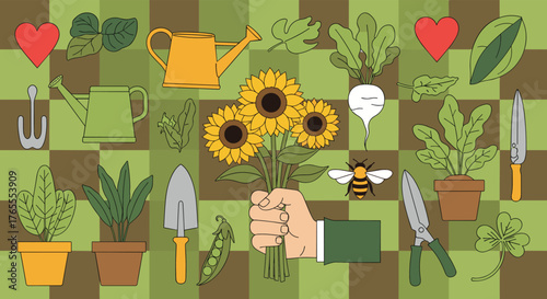 Gardening tools and plants with a hand holding sunflowers.