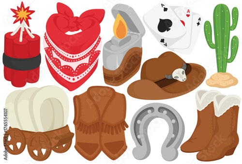 Vector Western Cowboy Clip Art Set Wild West Elements Dynamite Hat Cactus Wagon Boots Horseshoe Illustration Isolated on White Background Graphic