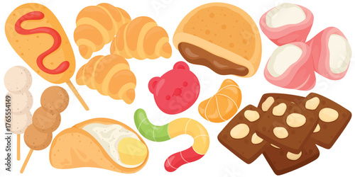 Vector Snack Fast food Clip Art Set Cute Corndog Croissant Brownie Bread Food Illustration Isolated on White Background Graphic Icon Bakery Sweet Dessert