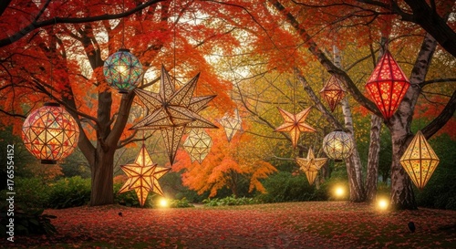 St. martin's day lantern display amidst vibrant autumn trees for festive celebration decoration