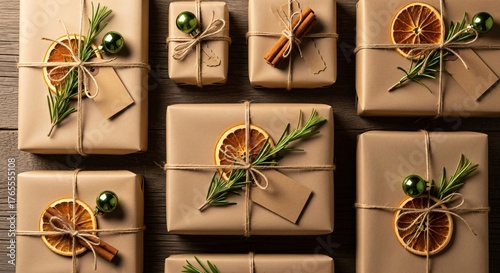 Eco-friendly Christmas gifts in kraft paper with twine, dried orange, rosemary and cinnamon, rustic holiday wrapping. Background or wallpaper