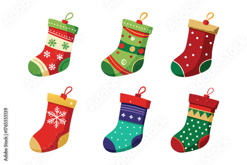 Collection of six colorful christmas stockings with festive patterns isolated on transparent background