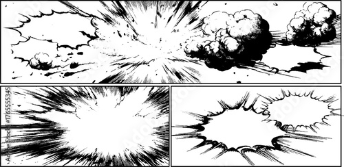 Dynamic black and white anime manga explosion illustration for comics and design