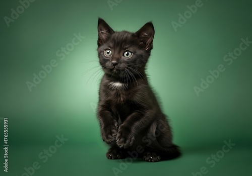 Adorable Black Kitten Posing on Green Background - A Captivating Portrait.