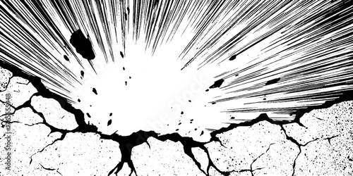 Dynamic black and white manga illustration of a cracked planet with explosive energy