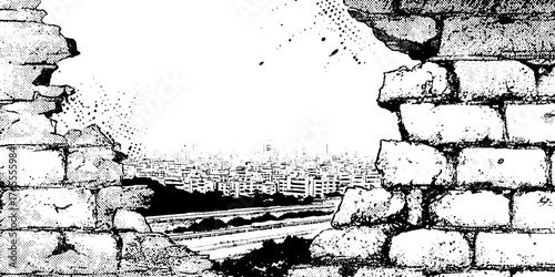 Dynamic black and white manga scene with cracked wall and urban landscape