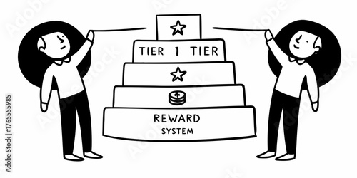 Illustration of a tiered reward system with two people connecting the tiers with a string line art style