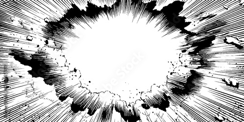 Dynamic anime manga explosion impact scene with intense speed lines