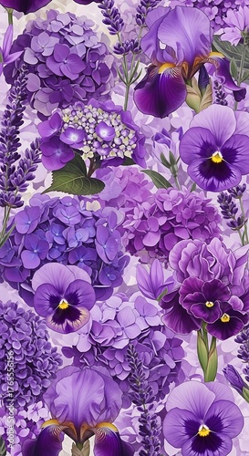 Purple Floral Abundance - A Symphony of Pansies, Hydrangeas, and Irises.