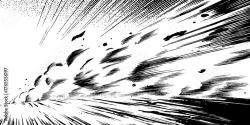 Dynamic black and white anime manga illustration of diagonal motion for comic art design
