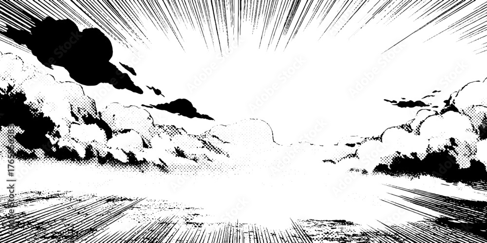 Fototapeta premium Dynamic black and white anime manga dust storm scene for creative projects