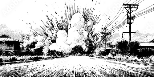 Dynamic black and white anime manga scene of dust explosion in rural road setting