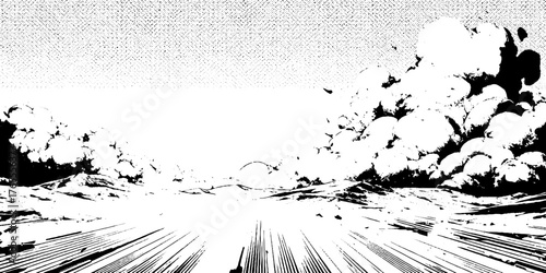 Dynamic dust storm scene in black and white anime manga style for print or poster design