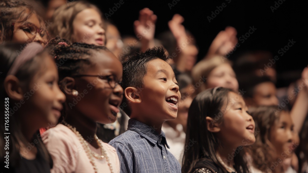 Fototapeta premium Joyful diverse children laughing and smiling during live performance or educational event with bright expressions of wonder