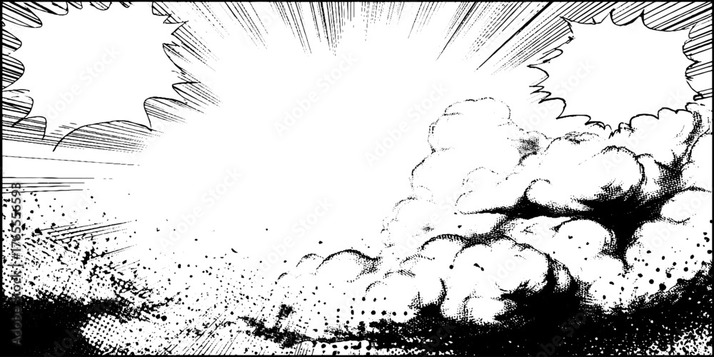Fototapeta premium Dynamic black and white manga scene with fog and smoke for comic layout design